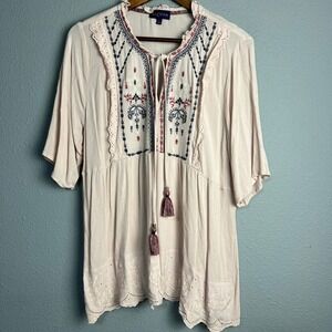 Artesia Babaton Embroidered Tassel Tie Peasant Top Boho‎ Blouse Pink Size Lg